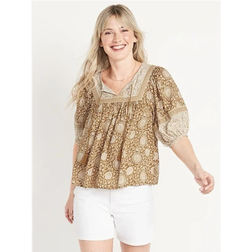 Old Navy Elbow-Length Split-Neck Floral Poet Swing Blouse Plus 4X Boho Peasant